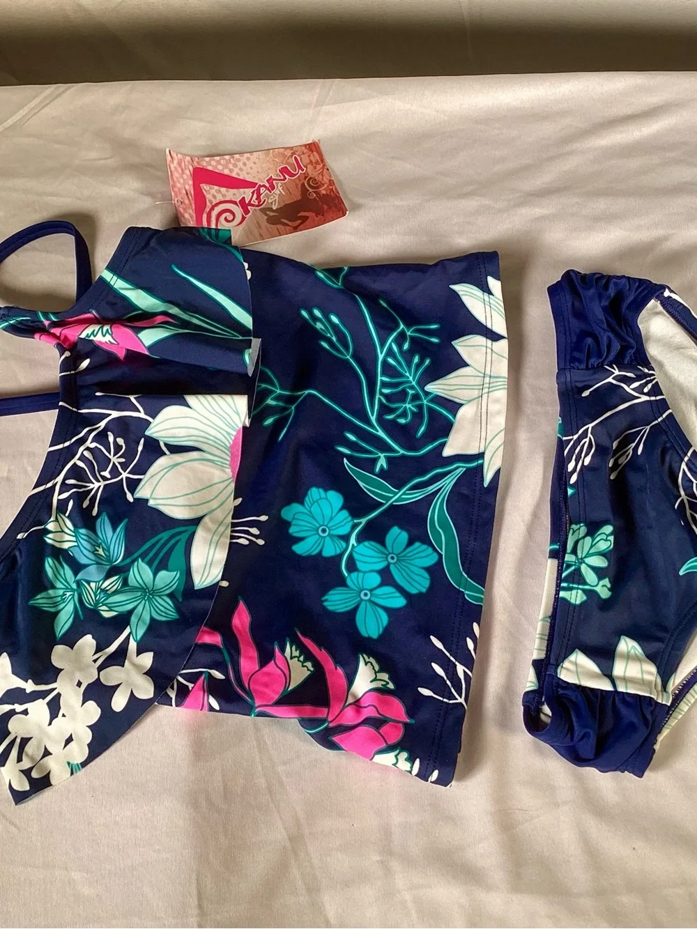 KANU SURF Girls Navy Floral Tankini with Teal & Pink Accents